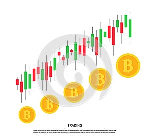 Crypto currency investment. Graph of trading. Increase and growth bitcoin. Candle chart for trade. Analysis of revenue, price and