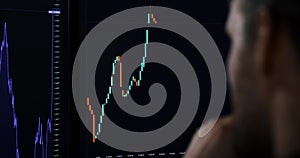 crypto currency investor analyzing digital candle stick chart data on computer screen. stock market broker looking at exchange