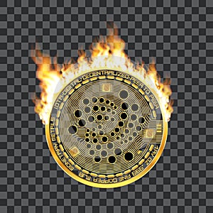 Crypto currency iota golden symbol on fire