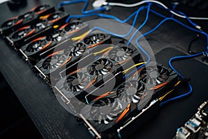 Crypto currency mining components with graphics cards and gpu. Internet connected power rig mining ethereum, bitcoin and altcoins