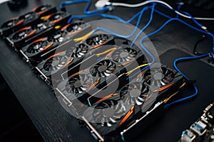 Crypto currency mining components with graphics cards and gpu. Internet connected power rig mining ethereum, bitcoin and altcoins photo