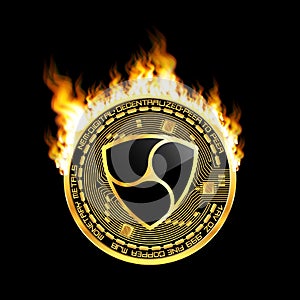 Crypto currency nem golden symbol on fire