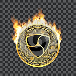 Crypto currency nem golden symbol on fire