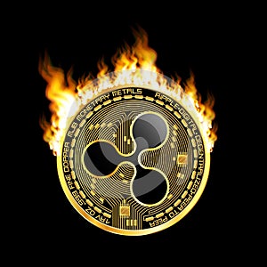 Crypto currency ripple golden symbol on fire