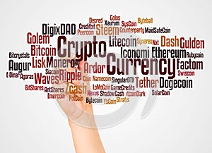 Crypto Currency word cloud and hand with marker concept