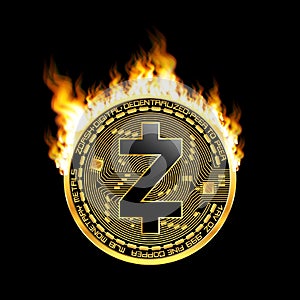 Crypto currency zcash golden symbol on fire