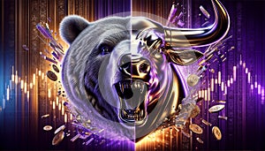 crypto icon half head bear and half head bull on charts background in purple and gold colors