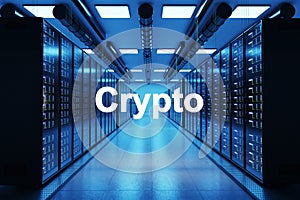 Crypto logo in large modern data center with multiple rows of network internet server racks, 3D Illustration