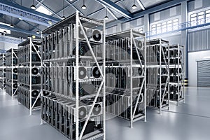 Crypto mining farm with graphic card or gpu rack in warehouse