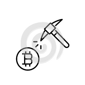 Crypto mining instrument. Pickaxe alongside Bitcoin symbol. Pixel perfect vector