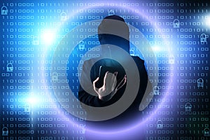 Crypto protection, hacker attack, hacker with a tablet on the background of binary code