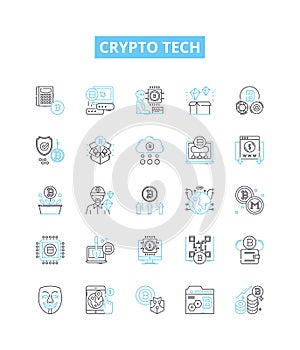 Crypto tech vector line icons set. Cryptocurrency, Blockchain, Mining, Security, Trading, Exchange, Algorithm
