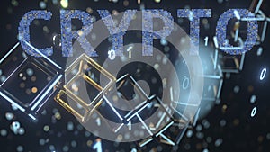 CRYPTO text and chain with binary numbers. Programming concept, 3D rendering