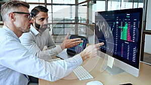 Crypto traders brokers stock exchange investors analyzing trading charts.