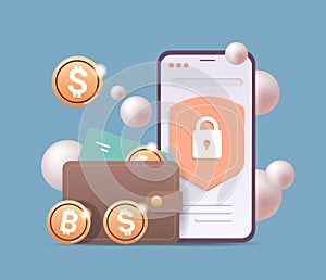 crypto wallet with golden coins on smartphone screen cryptocurrency blockchain technology digital currency
