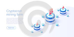 Cryptocoin mining farm layout. Cryptocurrency and blockchain network business isometric vector illustration. Crypto currency