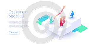 Cryptocoin mining farm layout. Cryptocurrency and blockchain network business isometric vector illustration. Crypto currency