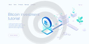 Cryptocoin mining farm layout. Cryptocurrency and blockchain network business isometric vector illustration. Crypto currency