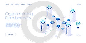 Cryptocoin mining farm layout. Cryptocurrency and blockchain network business isometric vector illustration. Crypto currency