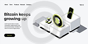 Cryptocoin mining farm layout. Cryptocurrency and blockchain network business isometric vector illustration. Crypto currency