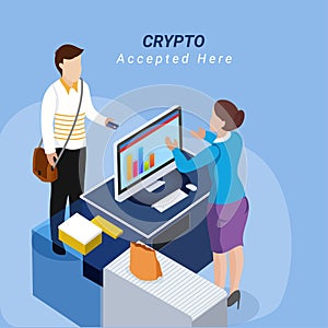 Cryptocurrencies accepted concept, reception area.