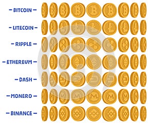 Cryptocurrencies Coins Cartoon Vector Set. Bitcoin, Litecoin, Ripple And Etherium. Dash, Monero Digital Or Binance