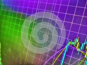 Cryptocurrencies market. Close up of hand pointing at glowing business chart on dark blue background