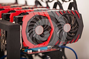 Cryptocurrency background mining rig, Close up of array of GPU