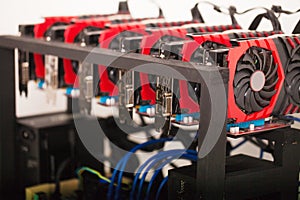 Cryptocurrency background mining rig, Close up of array of GPU