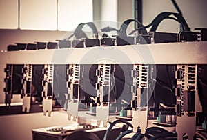 Cryptocurrency background mining rig, Close up of array of GPU