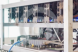 Cryptocurrency background mining rig, Close up of array of GPU