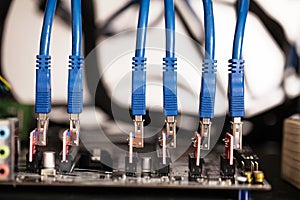 Cryptocurrency background mining rig, Close up of array of GPU