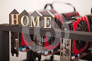 Cryptocurrency background mining rig, Close up of array of GPU