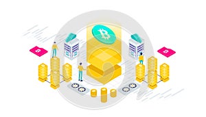 Cryptocurrency, bitcoin, blockchain, mining, technology, internet IoT, security, dashboard isometric 3d flat illustration vector