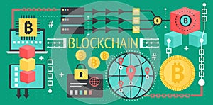 Cryptocurrency bitcoin and blockchain network technology concept. Global network devices connection. Vector blockchain