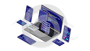 Cryptocurrency, bitcoin, blockchain website software application design and development 3d isometric illustration cross platform