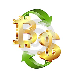 Cryptocurrency Bitcoin and dollar currency exchange sign. Concept future of money.