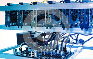 Cryptocurrency bitcoin ethereum altcoin graphic card miner mining rig. Computer for Bitcoin mining, isolated on white background