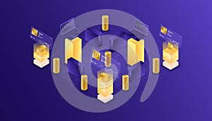 Cryptocurrency, bitcoin, ethereum, cardano, blockchain, mining, technology, internet IoT, security, web dashboard isometric 3d
