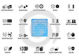 Cryptocurrency bitcoin, ethereum thin line icon set. Pixel perfect icons with 1 px line width for optimal app and web usa