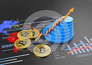 Cryptocurrency Bitcoin growing chart and virtual financial banking crypto currency market exchange 3D