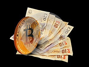 Cryptocurrency bitcoin and paper cash notes