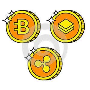 Cryptocurrency black outline gold icons bytecoin, ripple and stratis