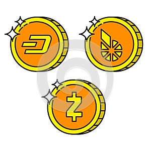 Cryptocurrency black outline gold icons dash, bitshares, zcash