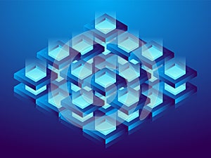Cryptocurrency and blockchain, abstract isometric 3D illustration. Cryptocurrency mining farm, vector technology background