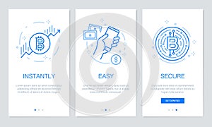 Cryptocurrency and Blockchain concept onboarding app screens. Modern and simplified vector illustration walkthrough screens templa