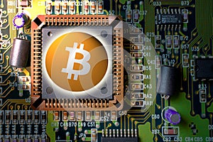 cryptocurrency and blockchain - financial technology and internet money - circuit board mining and coin - bitcoin BTC