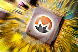 Cryptocurrency and blockchain - financial technology and internet money - circuit board mining and coin Monero XMR