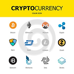 Cryptocurrency blockchain icons isolated white background. Set virtual currency.