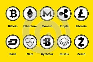 Cryptocurrency blockchain icons a yellow background. Set virtual currency.Vector trading signs: bitcoin, ethereum, monero, ripple,